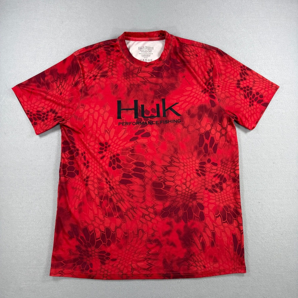 Huk Fishing Shirt Mens Medium Red Kryptek Camo Short Sleeve Performance Outdoors